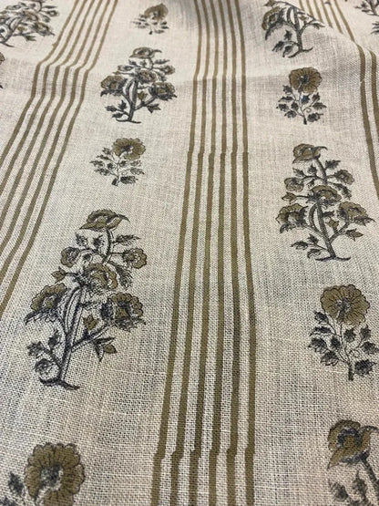 Hand Block Printed Linen Fabric by the Yard - Decor, Pillows ,Upholstery, Curtain