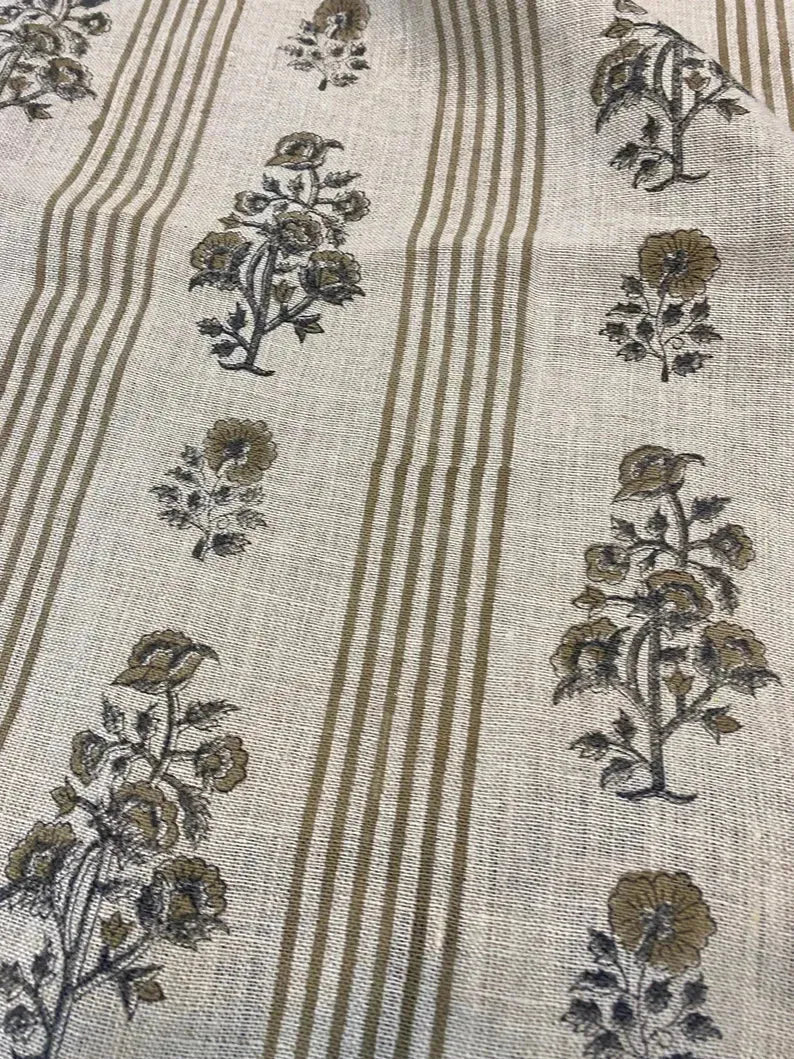 Hand Block Printed Linen Fabric by the Yard - Decor, Pillows ,Upholstery, Curtain