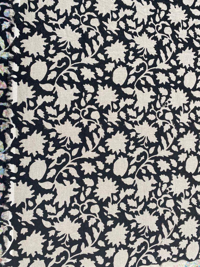 Block Print Handloom Linen Fabric Linen Fabric Flower Black colour - Maple Village Lane