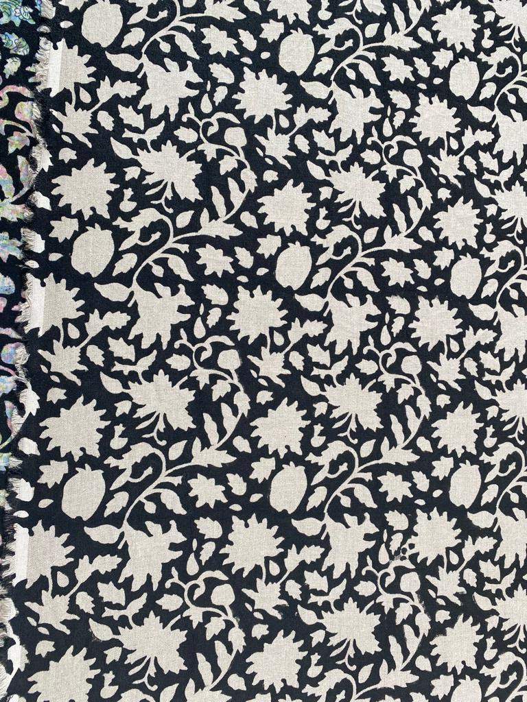 Block Print Handloom Linen Fabric Linen Fabric Flower Black colour - Maple Village Lane