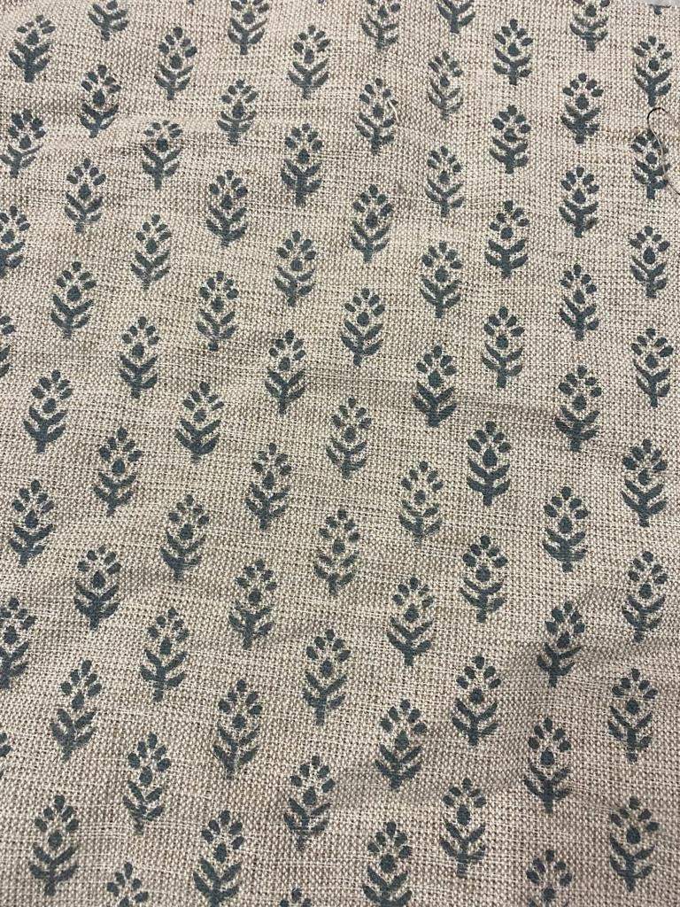 Block Print Handloom Linen Fabric Heavy Linen Fabric Grey blue flower - Maple Village Lane