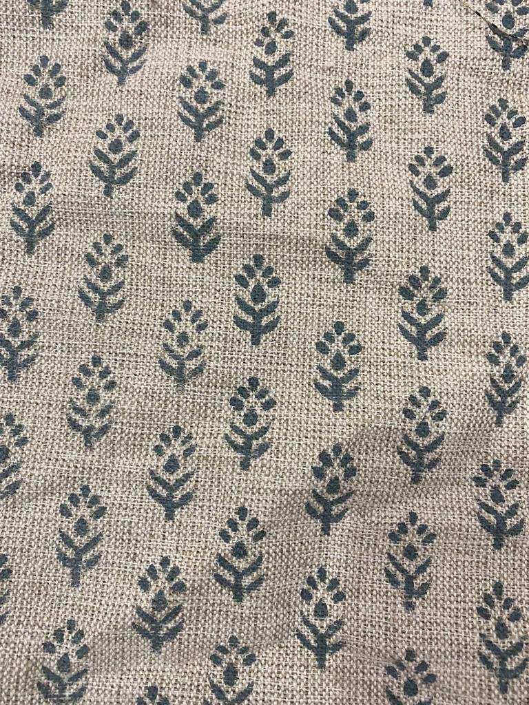 Block Print Handloom Linen Fabric Heavy Linen Fabric Grey blue flower - Maple Village Lane