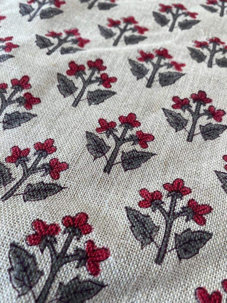 Small Flower Block Print Handloom Linen Fabric ,upholstery Fabric, pillow Cover Fabric, Thick fabric natural linen - Maple Village Lane