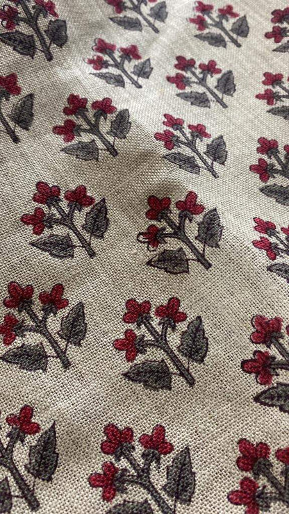 Small Flower Block Print Handloom Linen Fabric ,upholstery Fabric, pillow Cover Fabric, Thick fabric natural linen - Maple Village Lane