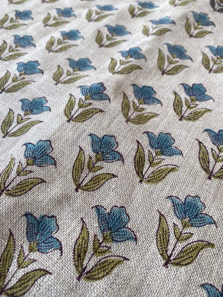 Small Flower Block Print Handloom Linen Fabric ,upholstery Fabric, pillow Cover Fabric, Thick fabric natural linen, Olive green- Turquoise - Maple Village Lane