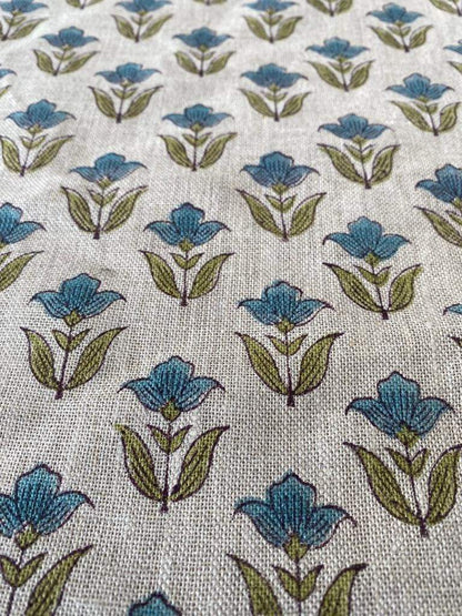 Small Flower Block Print Handloom Linen Fabric ,upholstery Fabric, pillow Cover Fabric, Thick fabric natural linen, Olive green- Turquoise - Maple Village Lane