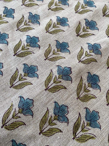 Small Flower Block Print Handloom Linen Fabric ,upholstery Fabric, pillow Cover Fabric, Thick fabric natural linen, Olive green- Turquoise - Maple Village Lane