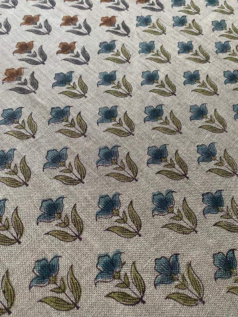 Small Flower Block Print Handloom Linen Fabric ,upholstery Fabric, pillow Cover Fabric, Thick fabric natural linen, Olive green- Turquoise - Maple Village Lane