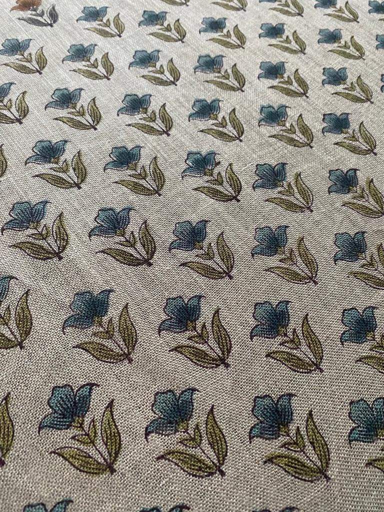 Small Flower Block Print Handloom Linen Fabric ,upholstery Fabric, pillow Cover Fabric, Thick fabric natural linen, Olive green- Turquoise - Maple Village Lane