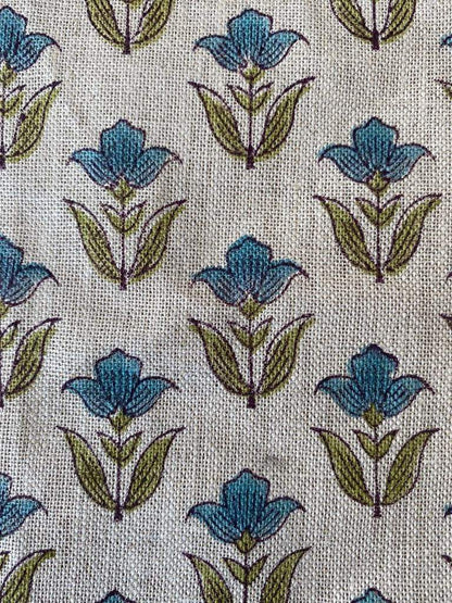 Small Flower Block Print Handloom Linen Fabric ,upholstery Fabric, pillow Cover Fabric, Thick fabric natural linen, Olive green- Turquoise - Maple Village Lane