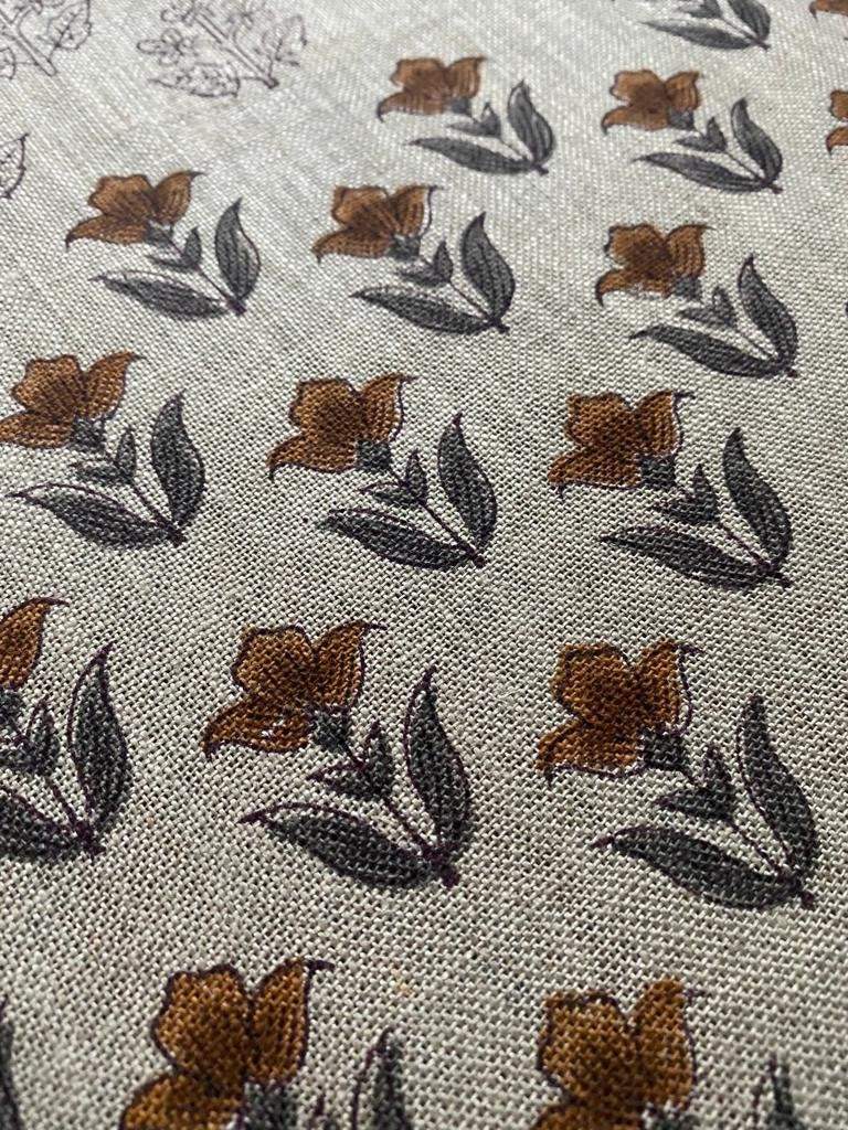 Small Flower Block Print Handloom Linen Fabric ,upholstery Fabric, pillow Cover Fabric, Thick fabric natural linen, Grey - Mustered - Maple Village Lane