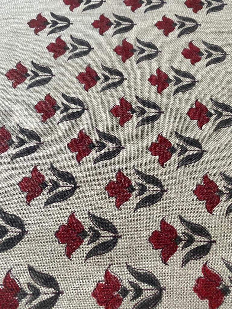 Small Flower Block Print Handloom Linen Fabric ,upholstery Fabric, pillow Cover Fabric, Thick fabric natural linen, Grey - Red - Maple Village Lane