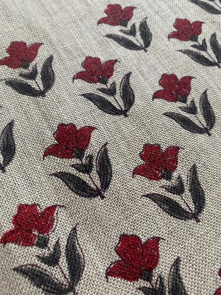 Small Flower Block Print Handloom Linen Fabric ,upholstery Fabric, pillow Cover Fabric, Thick fabric natural linen, Grey - Red - Maple Village Lane