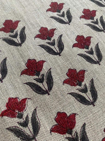 Small Flower Block Print Handloom Linen Fabric ,upholstery Fabric, pillow Cover Fabric, Thick fabric natural linen, Grey - Red - Maple Village Lane