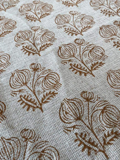 Big Flower Block Print Handloom Linen Fabric ,upholstery Fabric, pillow Cover Fabric, Thick fabric natural linen, Dark Mustered - Maple Village Lane