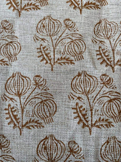 Big Flower Block Print Handloom Linen Fabric ,upholstery Fabric, pillow Cover Fabric, Thick fabric natural linen, Dark Mustered - Maple Village Lane