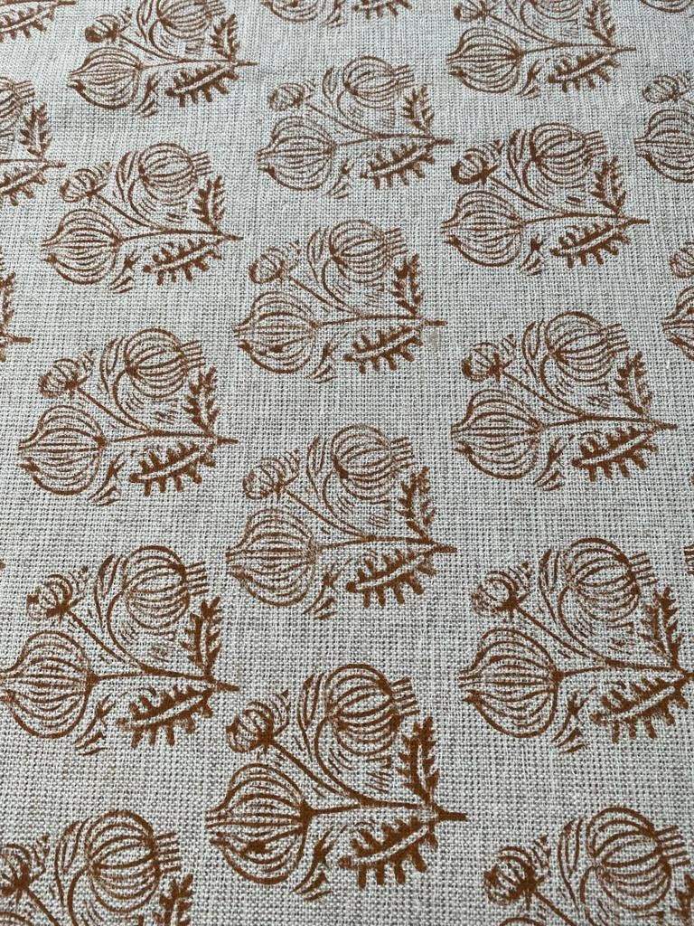 Big Flower Block Print Handloom Linen Fabric ,upholstery Fabric, pillow Cover Fabric, Thick fabric natural linen, Dark Mustered - Maple Village Lane