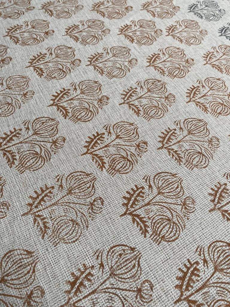 Big Flower Block Print Handloom Linen Fabric ,upholstery Fabric, pillow Cover Fabric, Thick fabric natural linen, Dark Mustered - Maple Village Lane