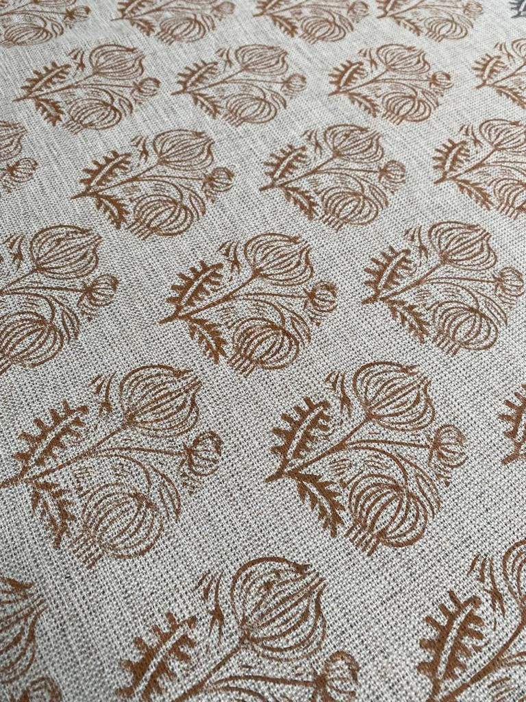 Big Flower Block Print Handloom Linen Fabric ,upholstery Fabric, pillow Cover Fabric, Thick fabric natural linen, Dark Mustered - Maple Village Lane