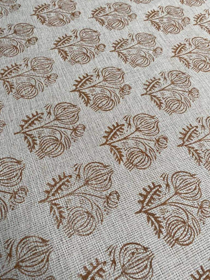 Big Flower Block Print Handloom Linen Fabric ,upholstery Fabric, pillow Cover Fabric, Thick fabric natural linen, Dark Mustered - Maple Village Lane