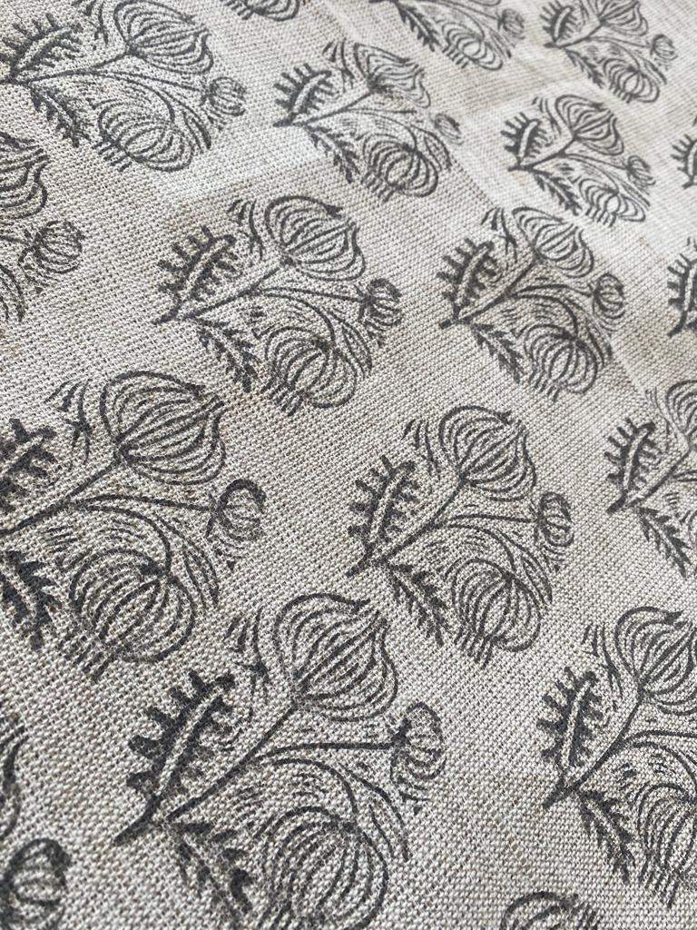 Big Flower Block Print Handloom Linen Fabric ,upholstery Fabric, pillow Cover Fabric, Thick fabric natural linen, Dark Grey - Maple Village Lane