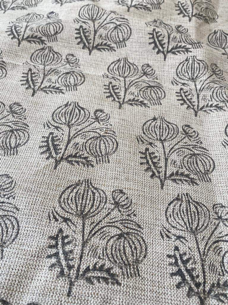 Big Flower Block Print Handloom Linen Fabric ,upholstery Fabric, pillow Cover Fabric, Thick fabric natural linen, Dark Grey - Maple Village Lane