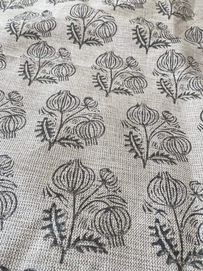 Big Flower Block Print Handloom Linen Fabric ,upholstery Fabric, pillow Cover Fabric, Thick fabric natural linen, Dark Grey - Maple Village Lane