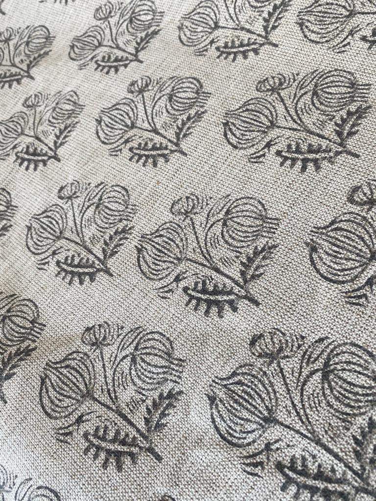 Big Flower Block Print Handloom Linen Fabric ,upholstery Fabric, pillow Cover Fabric, Thick fabric natural linen, Dark Grey - Maple Village Lane