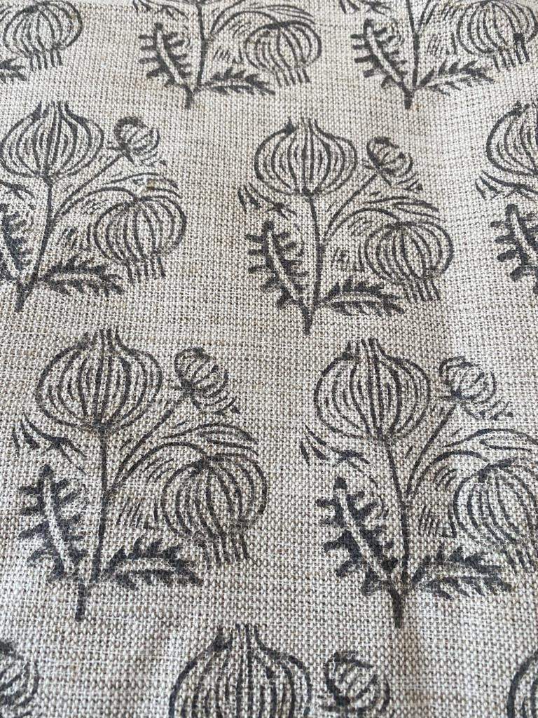 Big Flower Block Print Handloom Linen Fabric ,upholstery Fabric, pillow Cover Fabric, Thick fabric natural linen, Dark Grey - Maple Village Lane