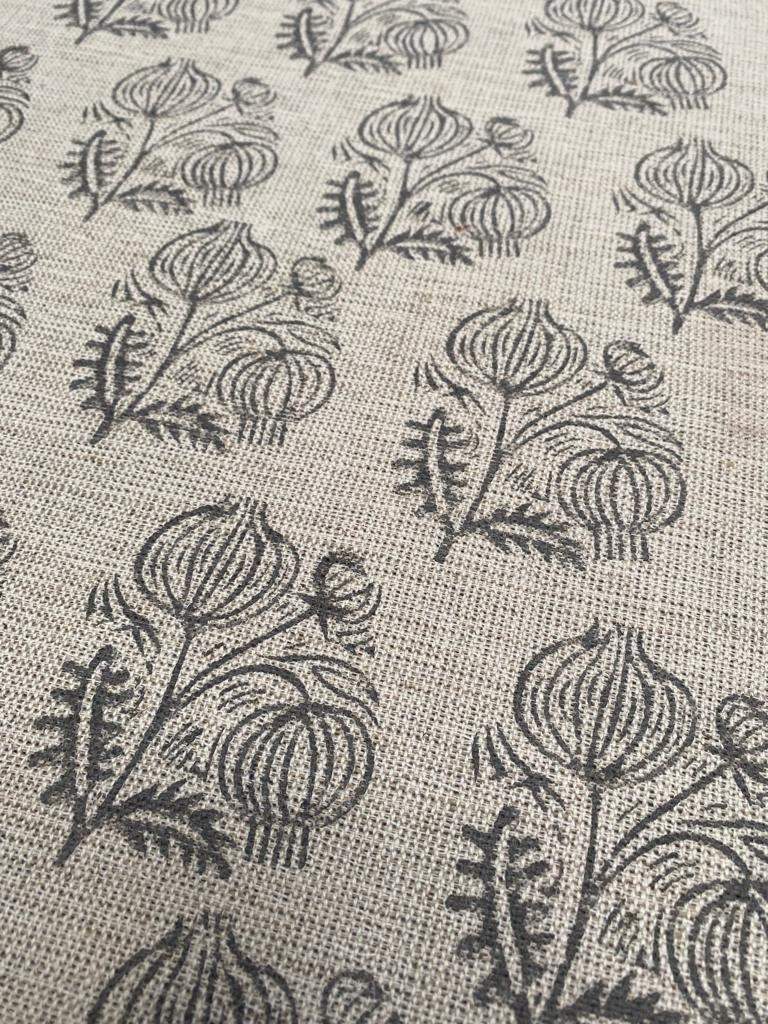 Big Flower Block Print Handloom Linen Fabric ,upholstery Fabric, pillow Cover Fabric, Thick fabric natural linen, Dark Grey - Maple Village Lane