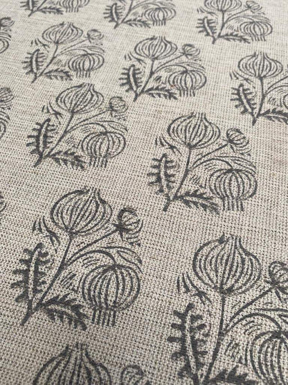 Big Flower Block Print Handloom Linen Fabric ,upholstery Fabric, pillow Cover Fabric, Thick fabric natural linen, Dark Grey - Maple Village Lane