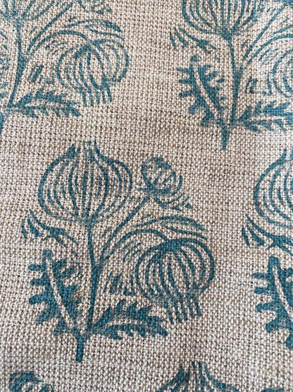 Big Flower Block Print Handloom Linen Fabric ,upholstery Fabric, pillow Cover Fabric, Thick fabric natural linen, Turquoise - Maple Village Lane