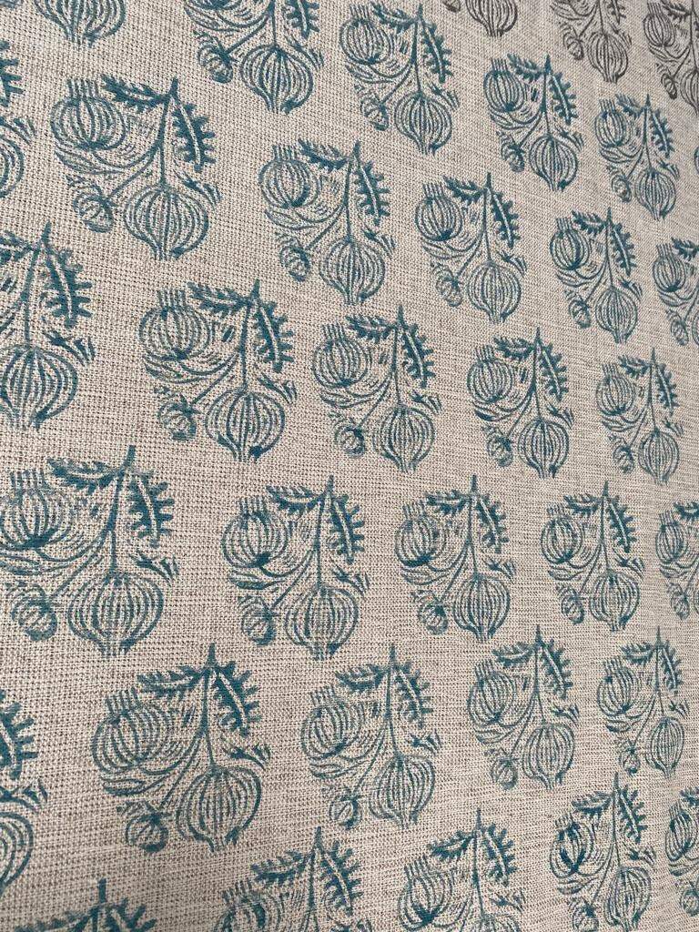 Big Flower Block Print Handloom Linen Fabric ,upholstery Fabric, pillow Cover Fabric, Thick fabric natural linen, Turquoise - Maple Village Lane