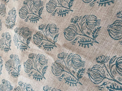 Big Flower Block Print Handloom Linen Fabric ,upholstery Fabric, pillow Cover Fabric, Thick fabric natural linen, Turquoise - Maple Village Lane