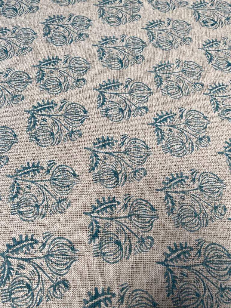 Big Flower Block Print Handloom Linen Fabric ,upholstery Fabric, pillow Cover Fabric, Thick fabric natural linen, Turquoise - Maple Village Lane