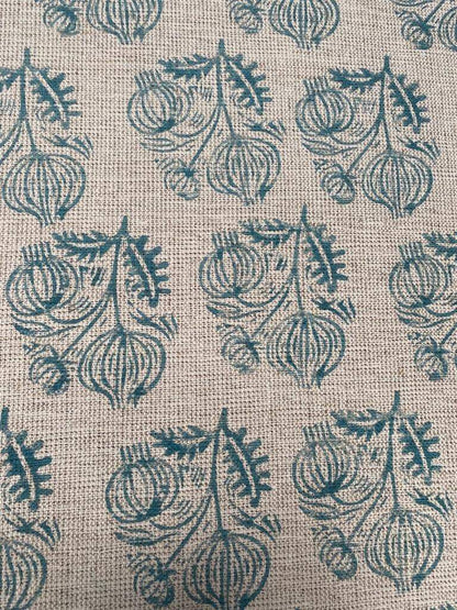 Big Flower Block Print Handloom Linen Fabric ,upholstery Fabric, pillow Cover Fabric, Thick fabric natural linen, Turquoise - Maple Village Lane