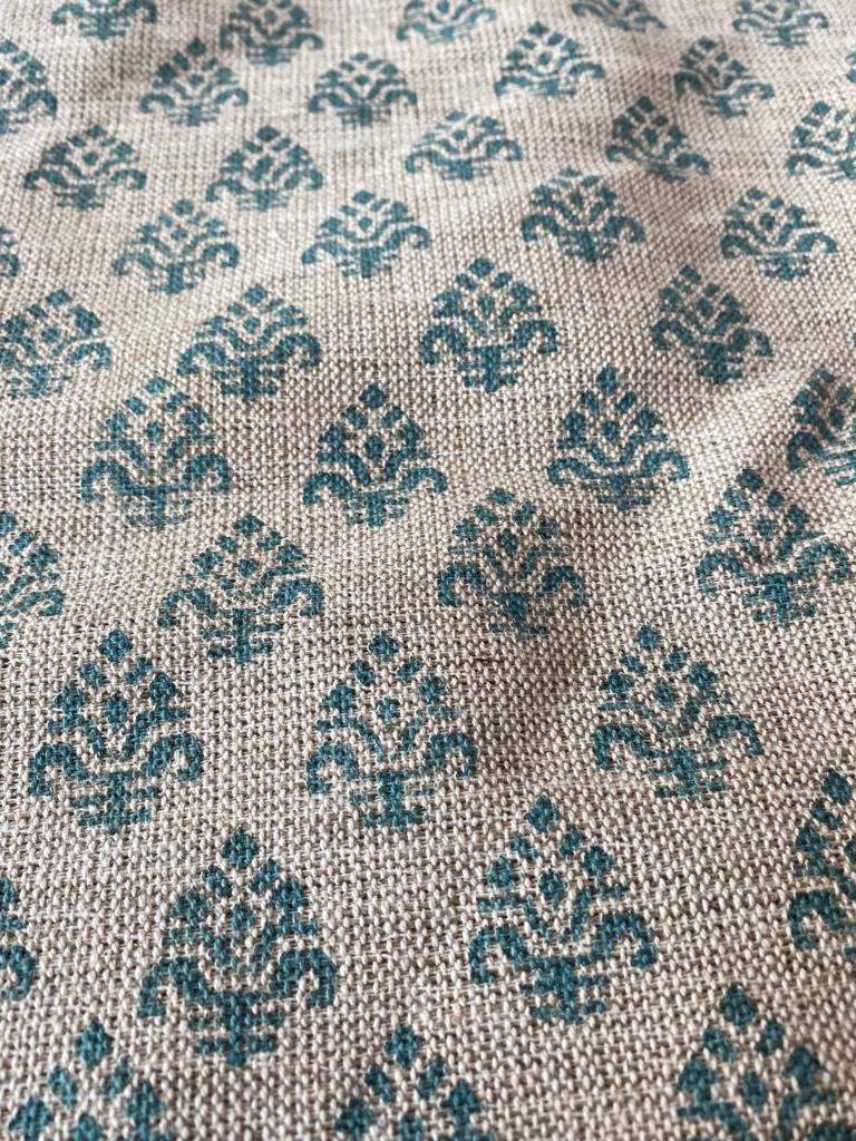 Block Print Handloom Linen Fabric Heavy Linen Fabric, Upholstery fabric ,pillow cover ,home décor Turquoise Colour - Maple Village Lane