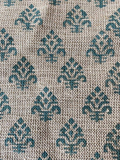 Block Print Handloom Linen Fabric Heavy Linen Fabric, Upholstery fabric ,pillow cover ,home décor Turquoise Colour - Maple Village Lane