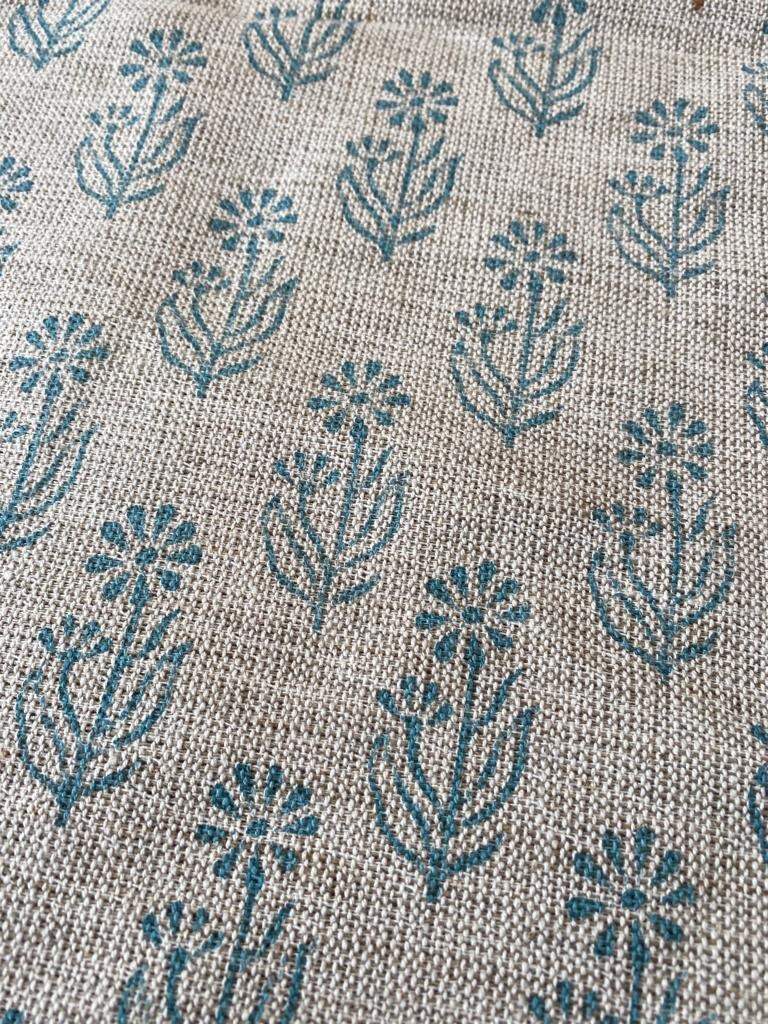 Block Print Handloom Linen Fabric Heavy Linen Fabric, Upholstery fabric ,pillow cover ,home décor Turquoise Colour - Maple Village Lane