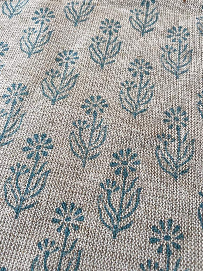 Block Print Handloom Linen Fabric Heavy Linen Fabric, Upholstery fabric ,pillow cover ,home décor Turquoise Colour - Maple Village Lane