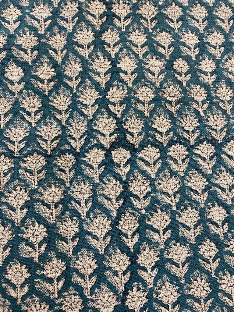 Teal Blue Block Print Handloom Linen Fabric Heavy Linen Fabric Upholstery fabric , pillow Cover , Home decor - Maple Village Lane