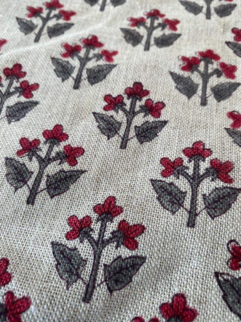 Small Flower Block Print Handloom Linen Fabric ,upholstery Fabric, pillow Cover Fabric, Thick fabric natural linen - Maple Village Lane