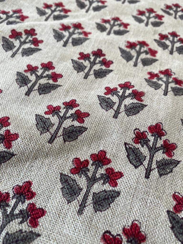 Small Flower Block Print Handloom Linen Fabric ,upholstery Fabric, pillow Cover Fabric, Thick fabric natural linen - Maple Village Lane