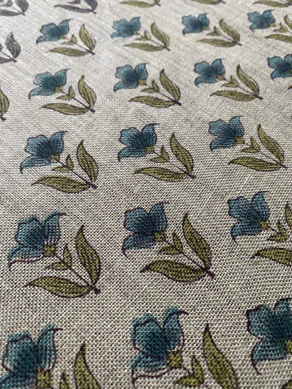 Small Flower Block Print Handloom Linen Fabric ,upholstery Fabric, pillow Cover Fabric, Thick fabric natural linen, Olive green- Turquoise - Maple Village Lane