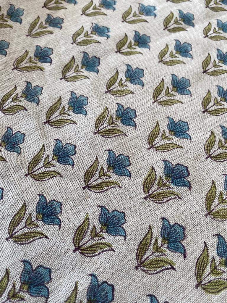 Small Flower Block Print Handloom Linen Fabric ,upholstery Fabric, pillow Cover Fabric, Thick fabric natural linen, Olive green- Turquoise - Maple Village Lane