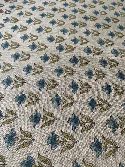 Small Flower Block Print Handloom Linen Fabric ,upholstery Fabric, pillow Cover Fabric, Thick fabric natural linen, Olive green- Turquoise - Maple Village Lane