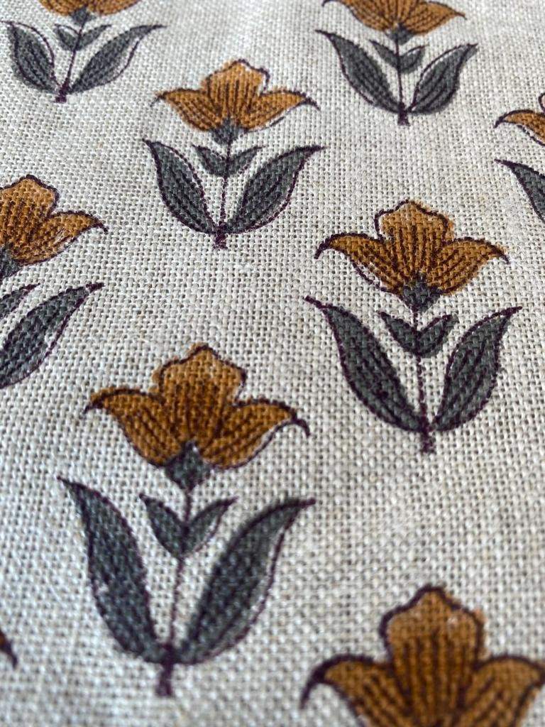 Small Flower Block Print Handloom Linen Fabric ,upholstery Fabric, pillow Cover Fabric, Thick fabric natural linen, Grey - Mustered - Maple Village Lane