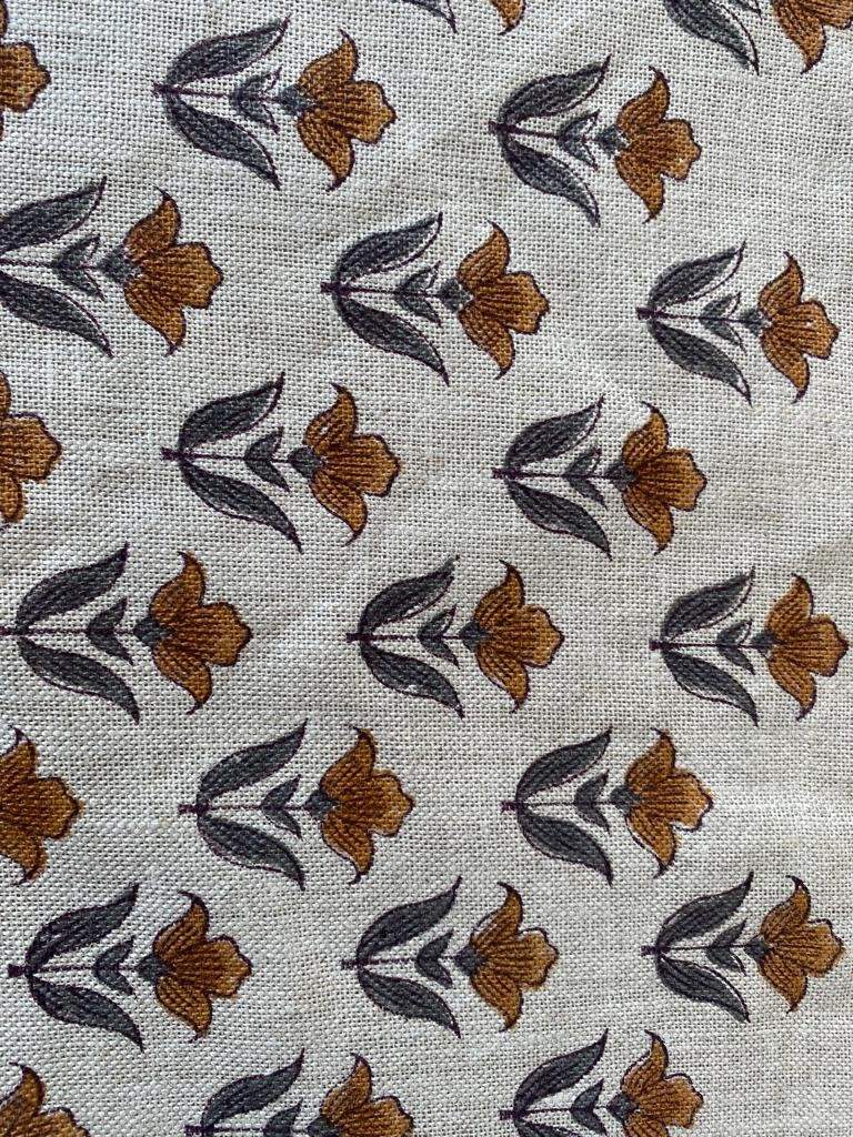 Small Flower Block Print Handloom Linen Fabric ,upholstery Fabric, pillow Cover Fabric, Thick fabric natural linen, Grey - Mustered - Maple Village Lane