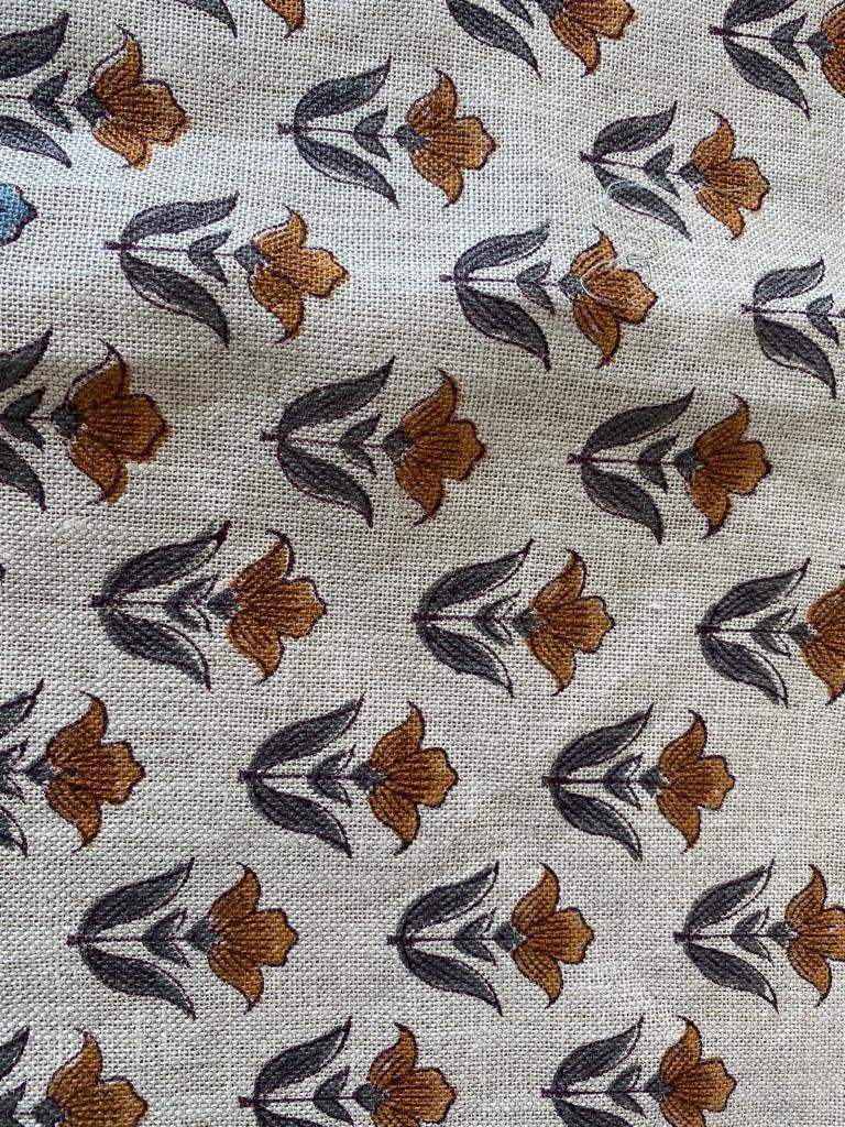 Small Flower Block Print Handloom Linen Fabric ,upholstery Fabric, pillow Cover Fabric, Thick fabric natural linen, Grey - Mustered - Maple Village Lane