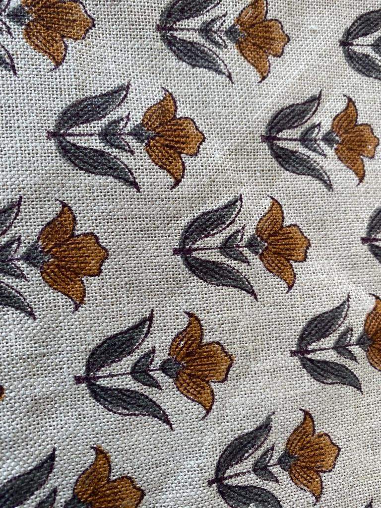 Small Flower Block Print Handloom Linen Fabric ,upholstery Fabric, pillow Cover Fabric, Thick fabric natural linen, Grey - Mustered - Maple Village Lane